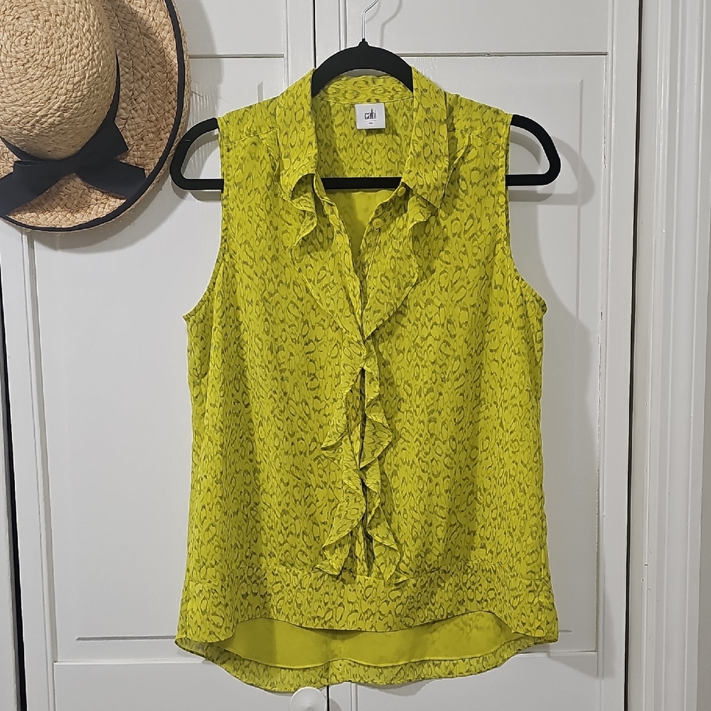CAbi Women's Sleeveless Ruffle Blouse - Lime Green